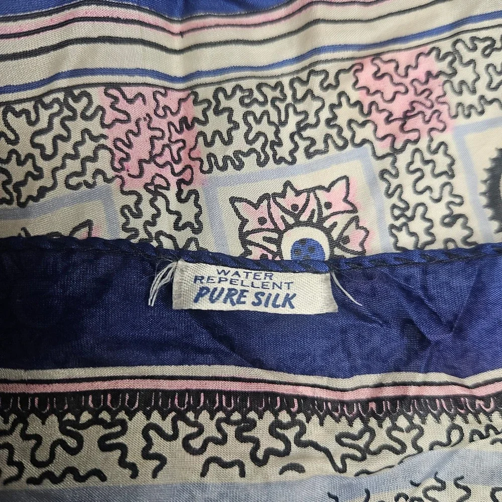 Vintage Pure Silk Scarf Water Repellent Blue‎ Pink Geometric Medallion Square